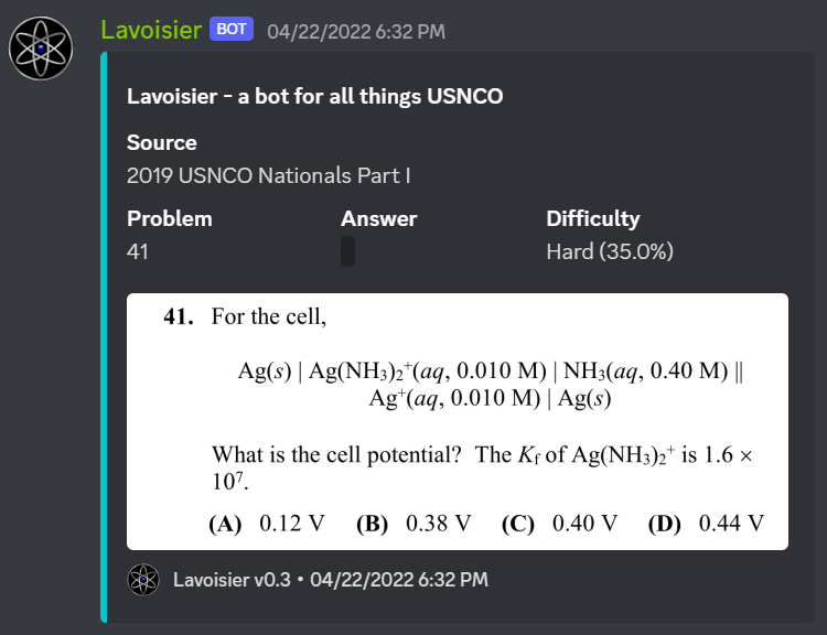 An example of a Discord query for a Chemistry Olympiad problem