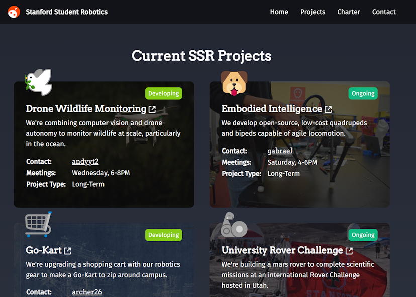 A partial picture of the projects page on our robotics website.