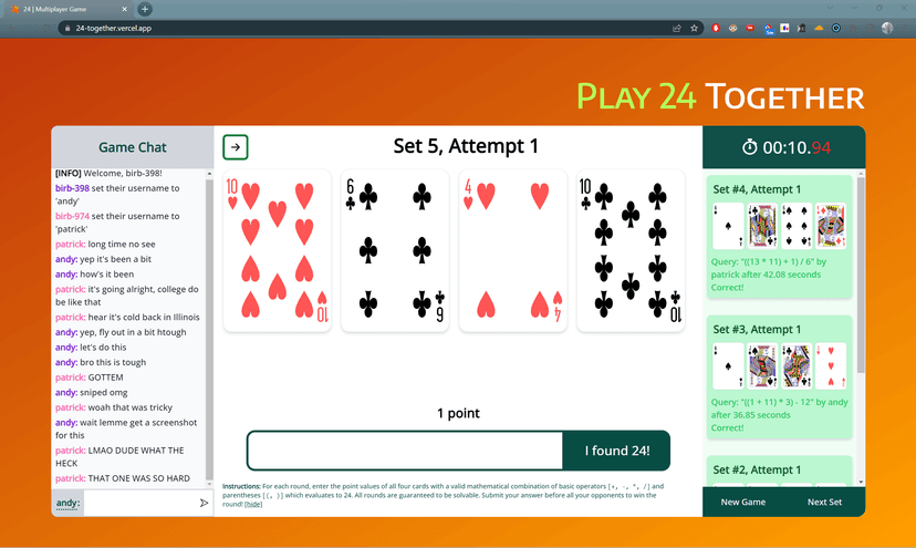 An image of the 24 game interface, with chat to the left of the game and game history to the right of the game